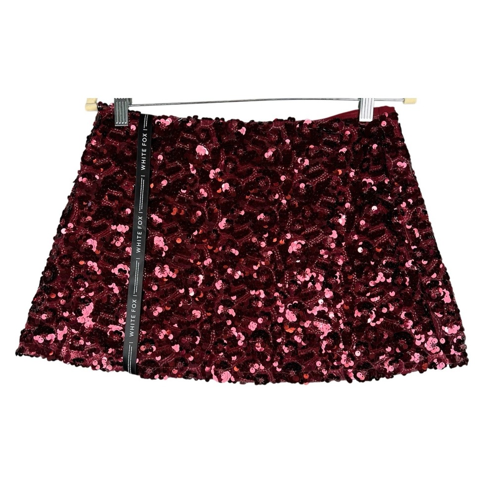 WHITE FOX Sequin Mini Skirt Womens Size Med Wine Color Invisible Side Zipper NWT - Picture 3 of 11